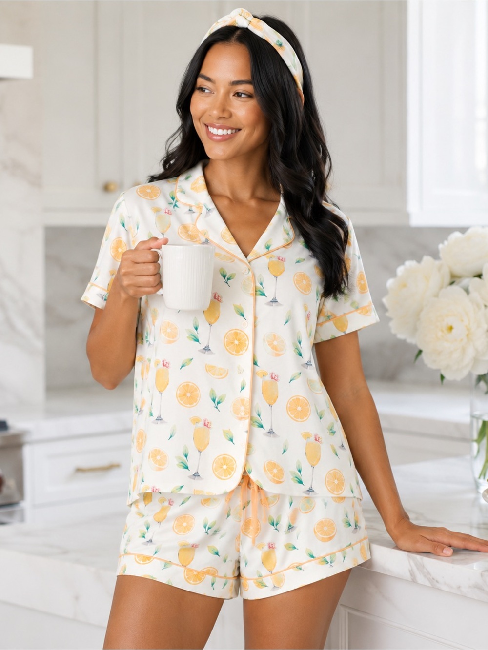 PJ Salvage Mimosa Me 3PC Pajama Set Ivory Lemon Print NWT Size Large